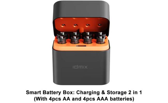 IDMIX Rechargeable Battery Set with 8pcs AA X4 + AAA X4 1.5V lithium batteries Smart Battery Box Charging & Storage 2 in 1 1200+ cycles